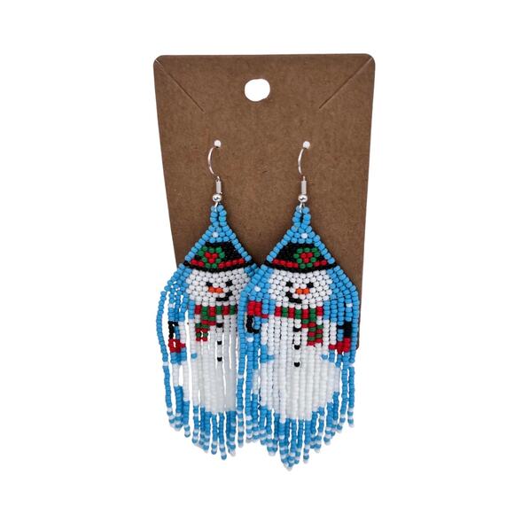 Beaded Snowman Earrings Holiday Christmas Fringe Seed Bead Dangle Fishhook - Picture 2 of 8